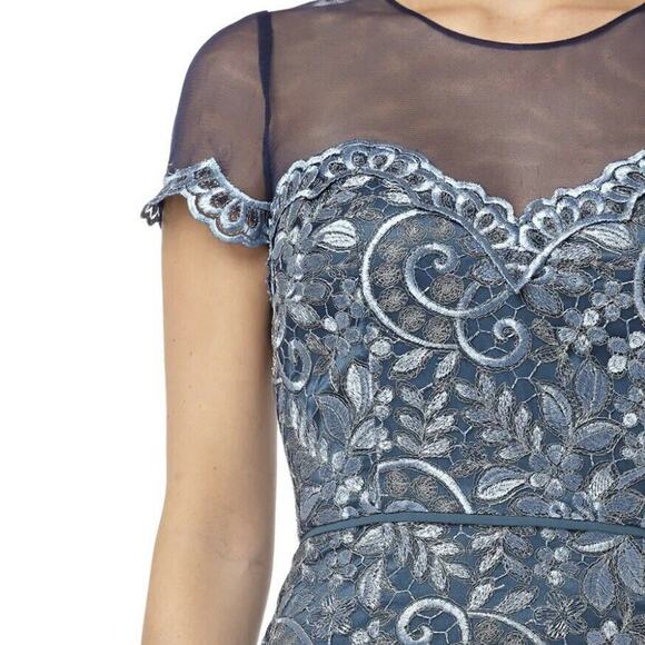 JS Collections Blue Metallic Illusion Yoke Scroll Embroidered Gown NWOT Size 2 - Picture 4 of 12